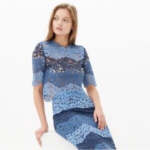 Sandro Blue Lace Fitted Blouse with Mandarin Collar